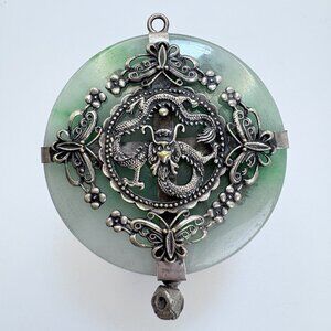Jade Green Glass Chinese Dragon Flower Design Pendant Size 2.75" Length